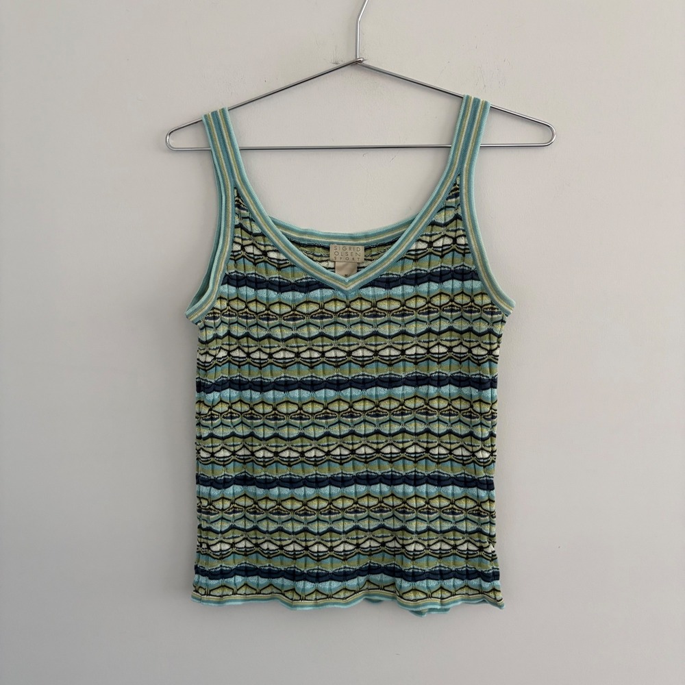Sigrid Olsen Sport Women Knit Tank Top Blue Green Geometric V-Neck Size M